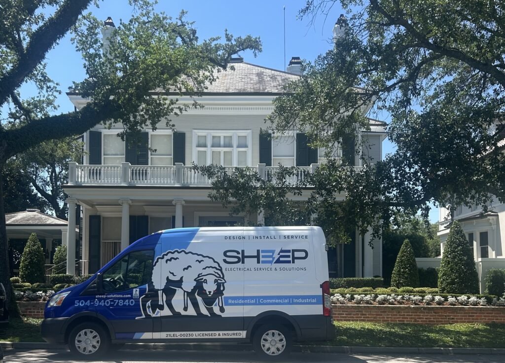 Sheep Electrical service van outside a New Orleans area home for 24/7 emergency electrical service