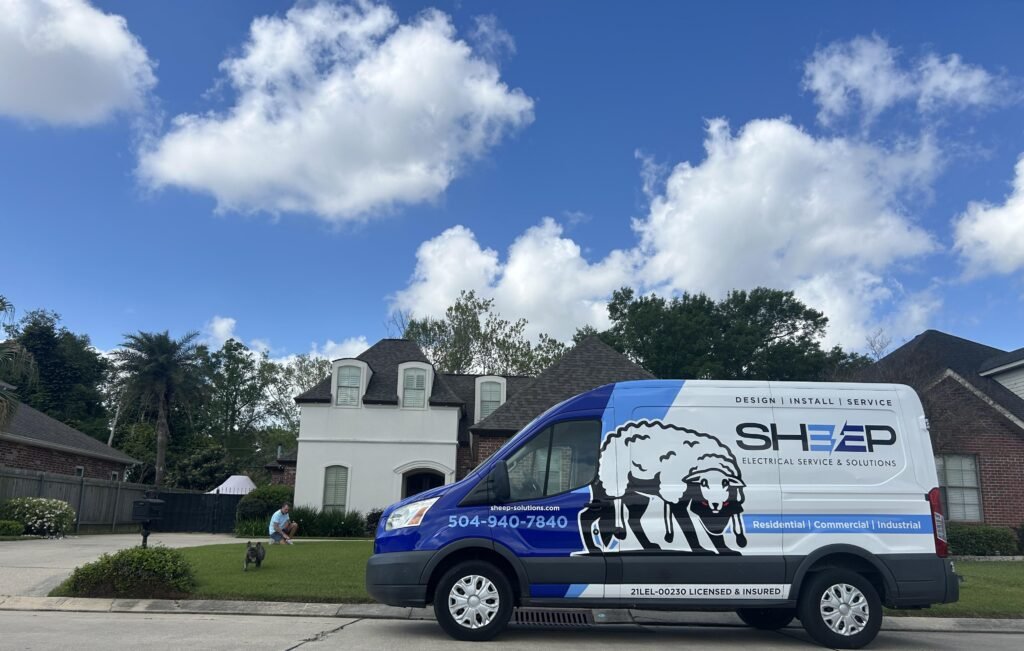 Sheep Electrical service van outside a New Orleans area home for 24/7 emergency electrical service