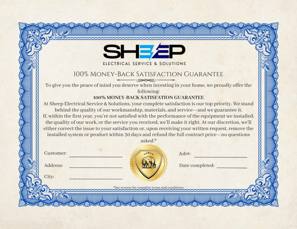 Front of Sheep Electrical Service & Solutions 100% Money-Back Satisfaction Guarantee certificate.