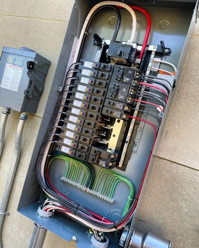 Electrical panel with well-organized circuits and labeled connections.