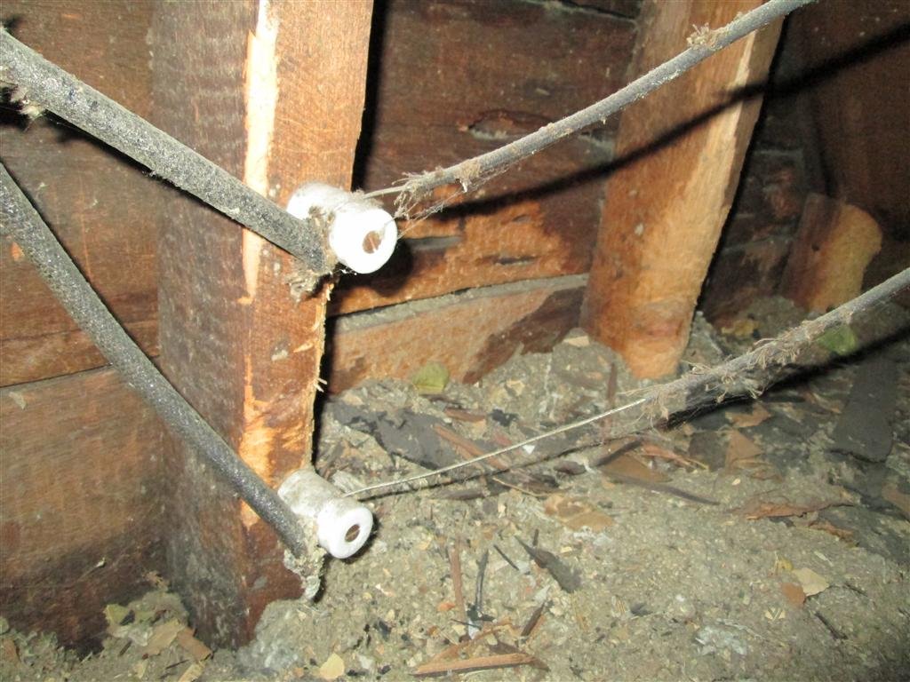Frayed knob and tube wiring in an attic, showing signs of wear and potential safety hazards