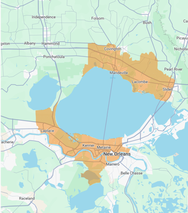 Map showing Sheep Electrical service areas across Metairie, New Orleans and surrounding communities