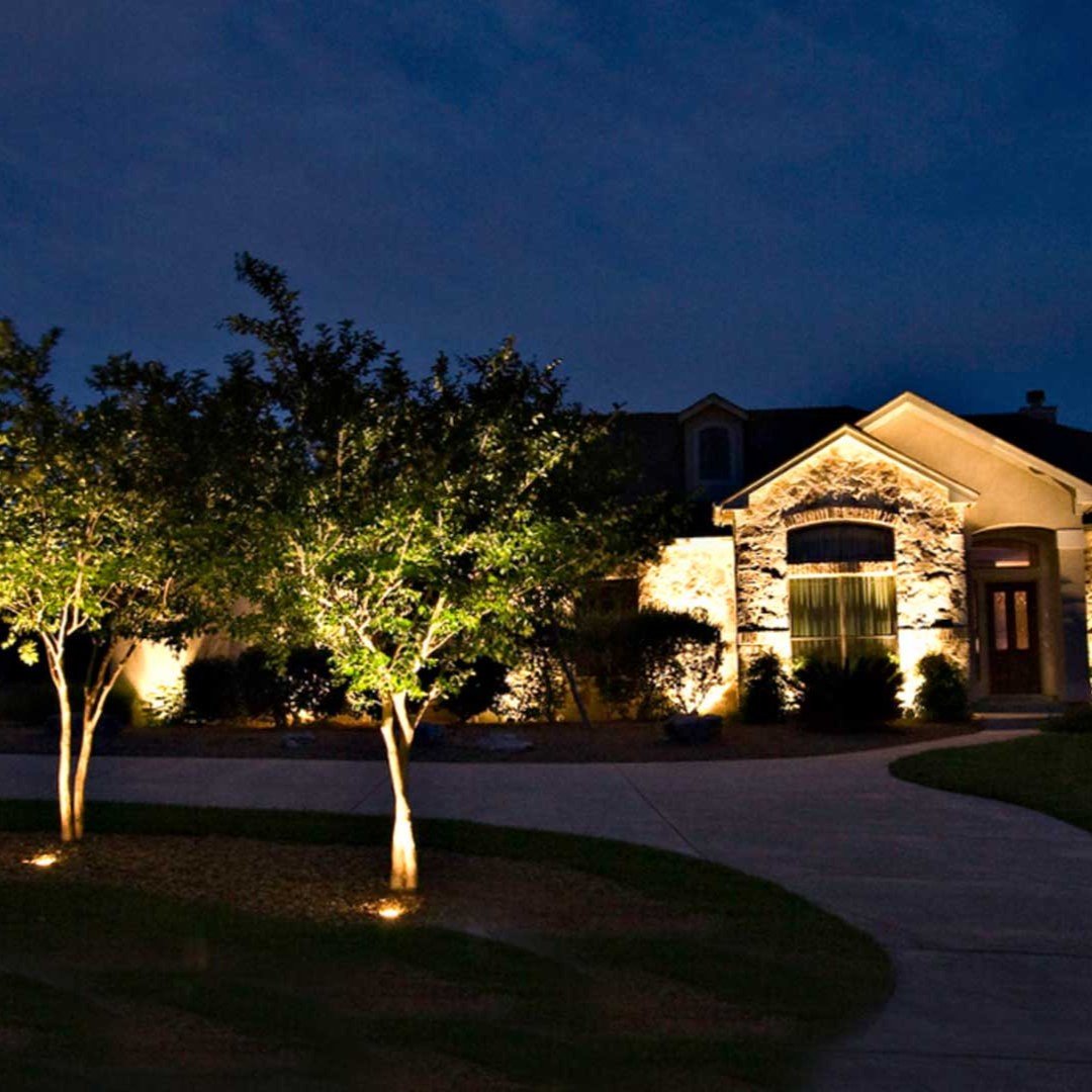 House illuminated by professional landscape lighting at night.