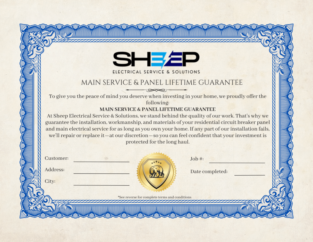 Front of Sheep Electrical Service & Solutions Main Service & Panel Lifetime Guarantee certificate.