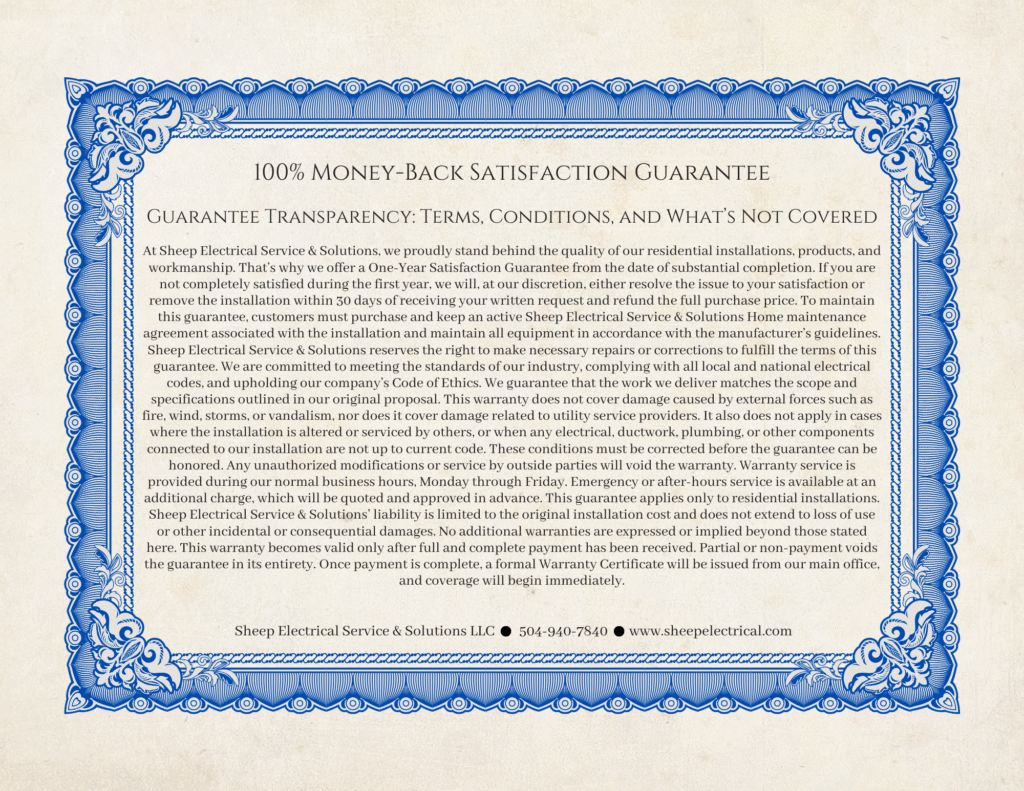 Back of Sheep Electrical Service & Solutions 100% Money-Back Satisfaction Guarantee certificate.