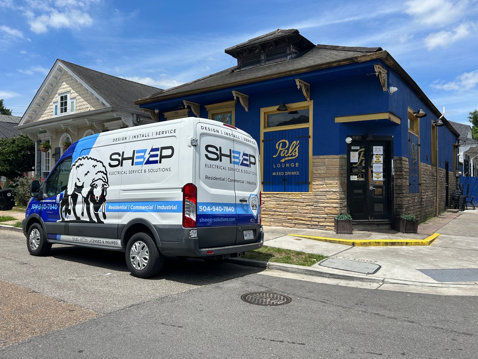 Sheep Electrical Service & Solutions service van outside Pal’s Lounge in New Orleans for commercial electrical service and emergency repairs.