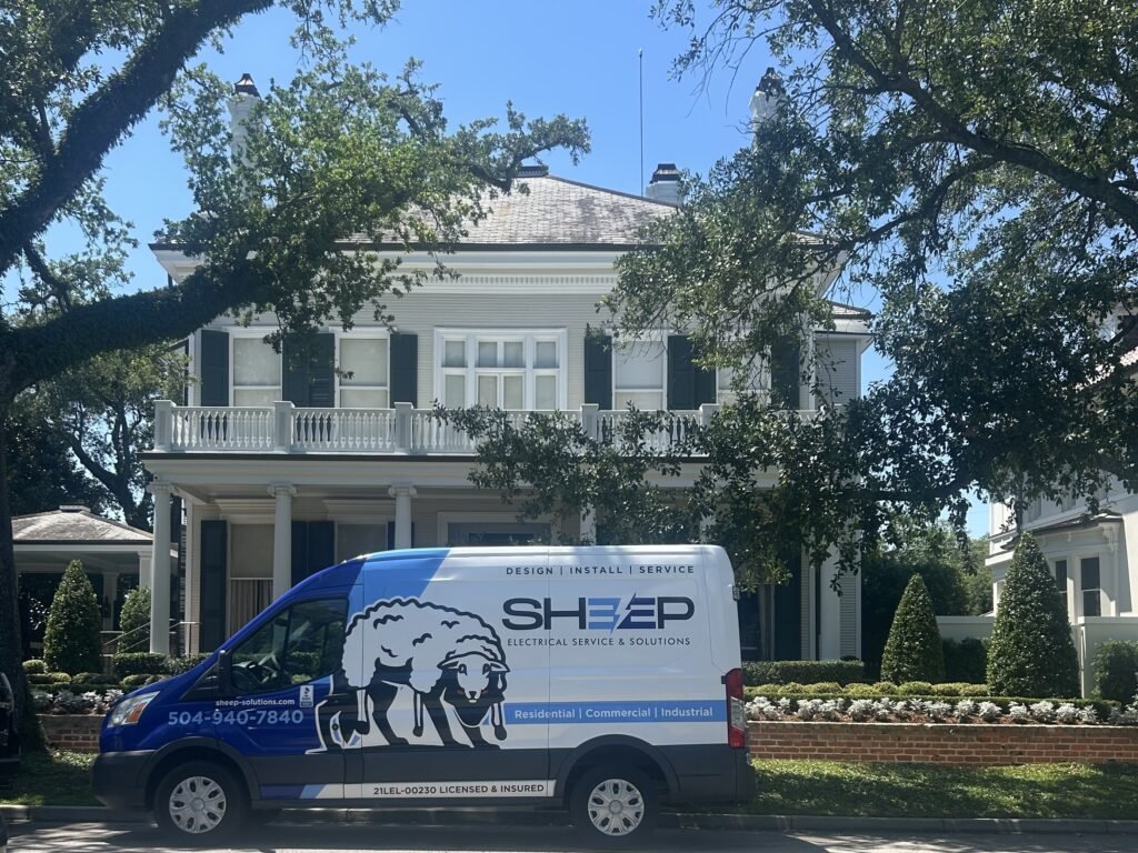 Sheep Electrical service van parked outside a Greater New Orleans home