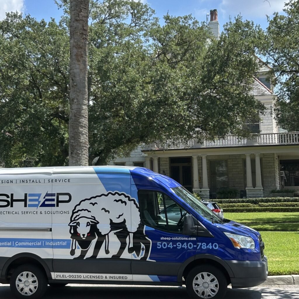 Sheep Electrical service van parked outside a Greater New Orleans home