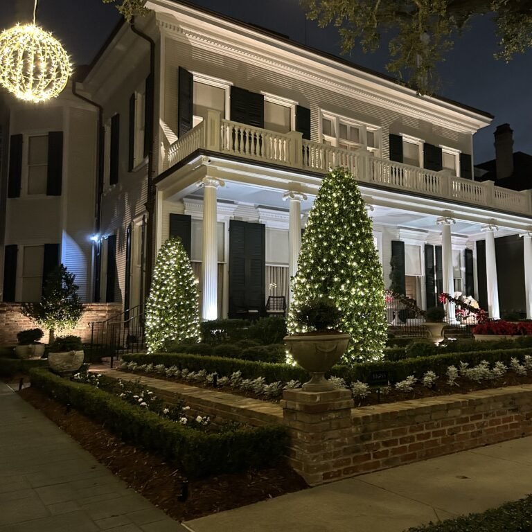 Outdoor lighting and holiday lights illuminating a New Orleans home